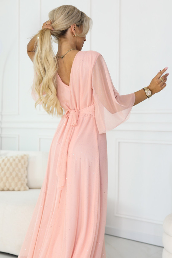 Dlhé broskyňové tylové šaty s trblietkami