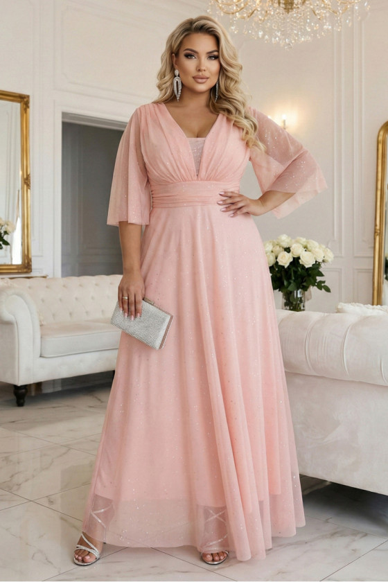 Dlhé broskyňové tylové šaty s trblietkami