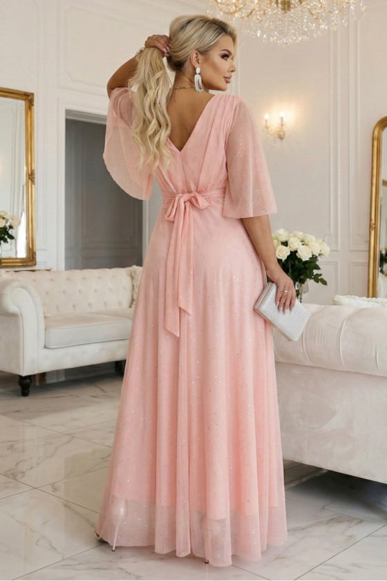 Dlhé broskyňové tylové šaty s trblietkami