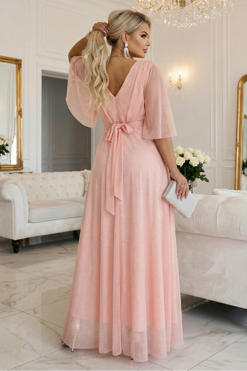 Dlhé broskyňové tylové šaty s trblietkami