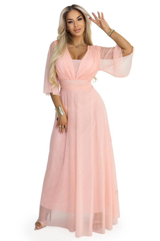 Dlhé broskyňové tylové šaty s trblietkami