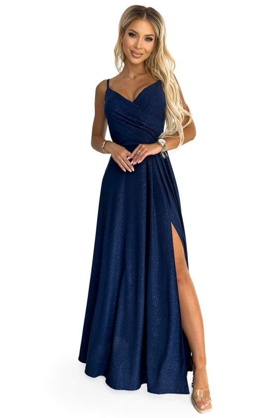 Modré trblietavé večerné šaty s rozparkom